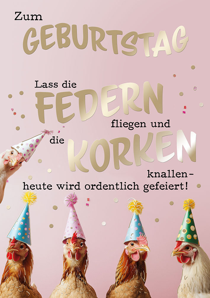 Bubikopf Geburtstagskarte „Federn und Korken“