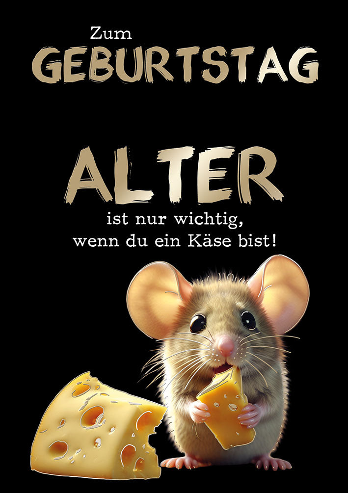 Bubikopf Geburtstagskarte „Maus mit Käse“