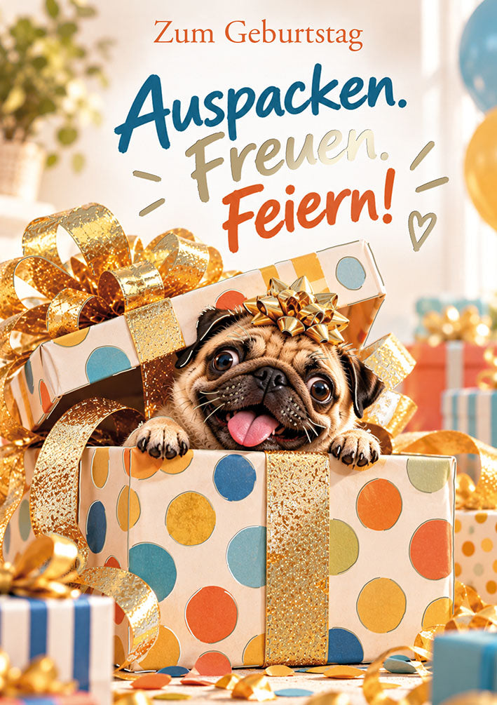 Loonycard Geburtstagskarte „Mops im Geschenk – Auspacken, Freuen, Feiern“