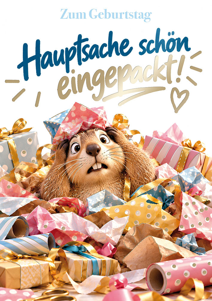 Loonycard Geburtstagskarte „Biber im Geschenkpapier – Hauptsache schön eingepackt“