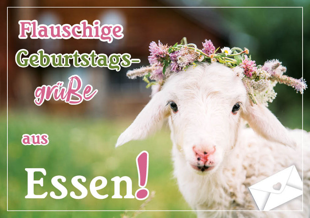 Grüße-aus-Karte Geburtstag „Schaf mit Blumenkranz“