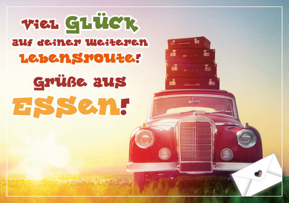 Grüße-aus-Karte Geburtstag „Oldtimer mit Koffern“