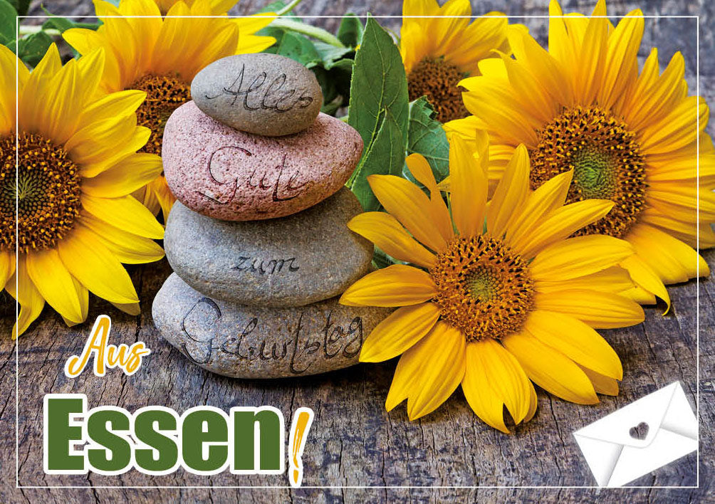 Grüße-aus-Karte Geburtstag „Sonnenblumen und Steine“
