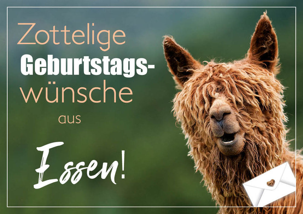 Grüße-aus-Karte Geburtstag „Alpaka – Zottelige Geburtstagswünsche“