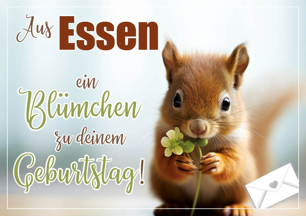 Grüße-aus-Karte Geburtstag „Eichhörnchen mit Kleeblatt – Ein Blümchen zum Geburtstag“