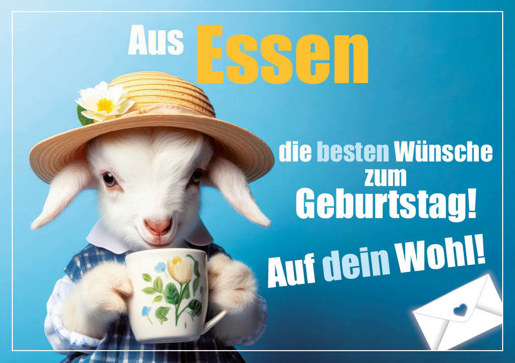 Grüße-aus-Karte Geburtstag „Lämmchen mit Hut – Auf dein Wohl“