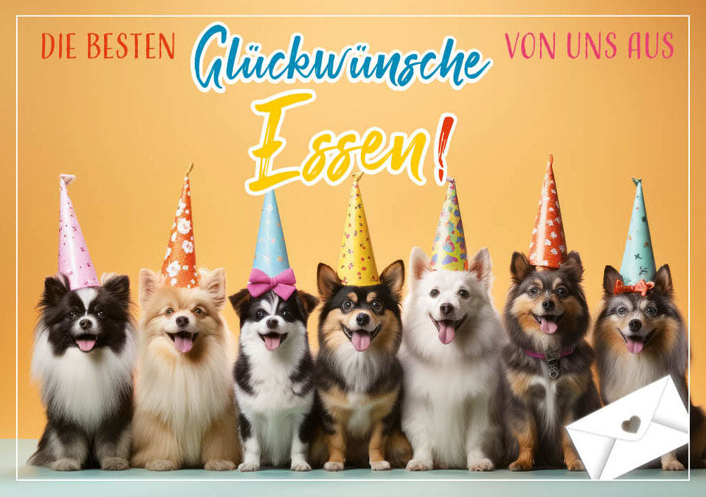 Grüße-aus-Karte „Hunde mit Partyhüten – Die besten Glückwünsche“