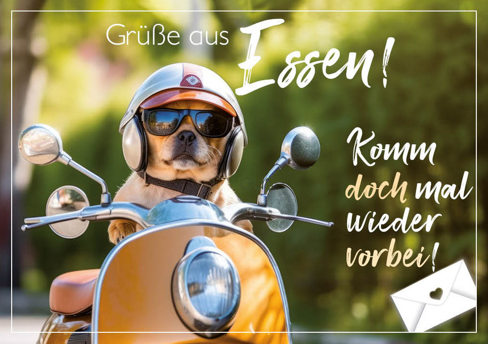 Grüße-aus-Karte „Hund auf dem Roller – Komm doch mal wieder vorbei“