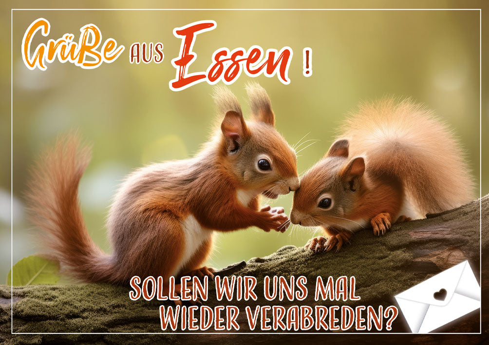 Grüße-aus-Karte „Zwei Eichhörnchen – Sollen wir uns mal wieder verabreden?“