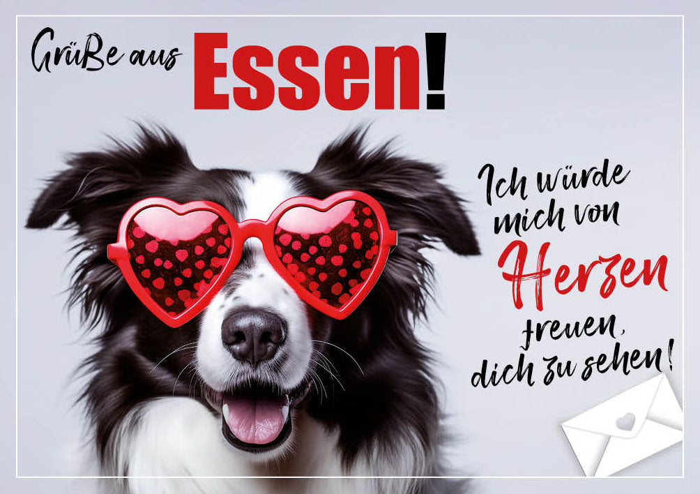 Grüße-aus-Karte „Hund mit Herzbrille – Ich würde mich freuen, dich zu sehen“