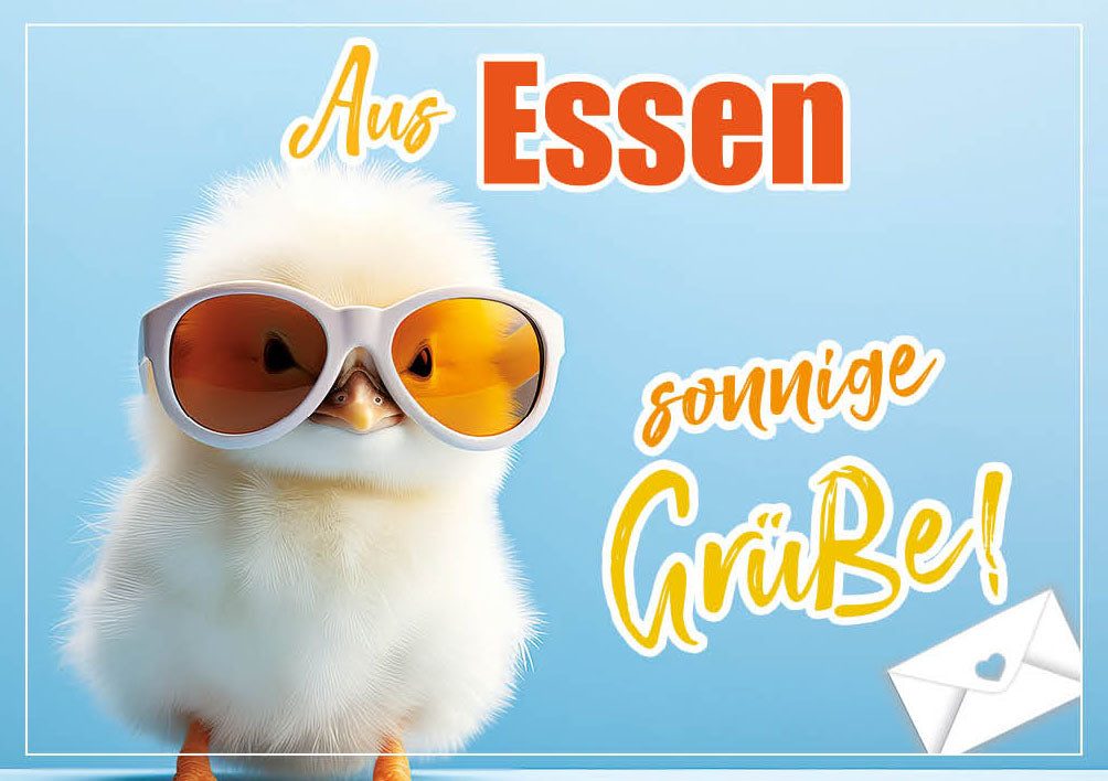 Grüße-aus-Karte „Küken mit Sonnenbrille – Sonnige Grüße“