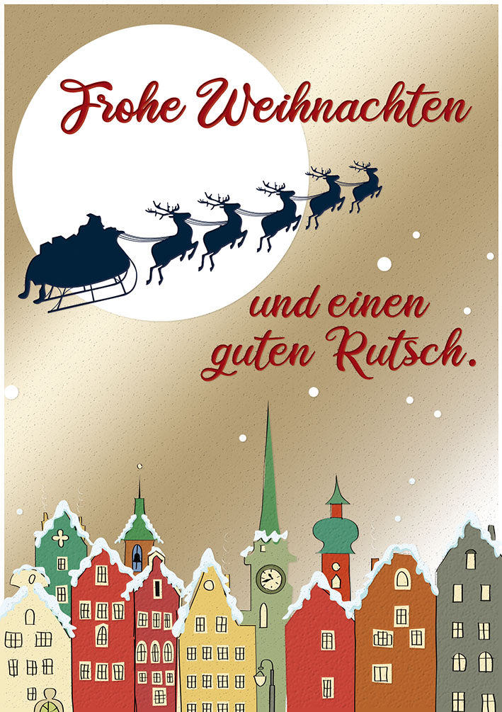 Weihnachtskarte „Rentierschlitten über der Stadt“