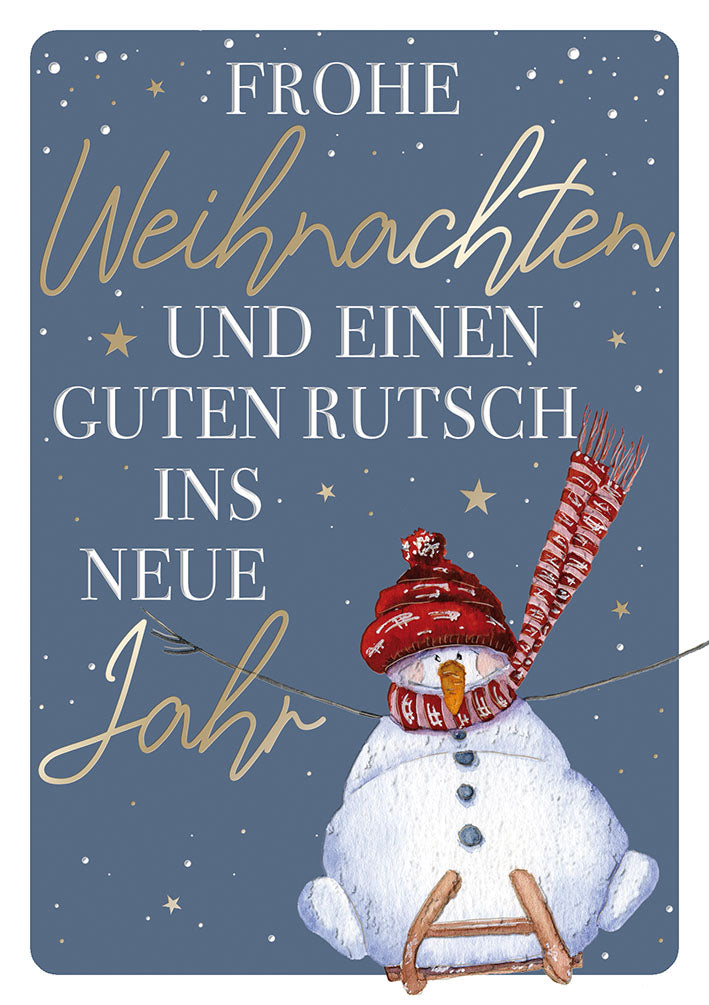 Weihnachtskarte „Schneemann auf Schlitten“