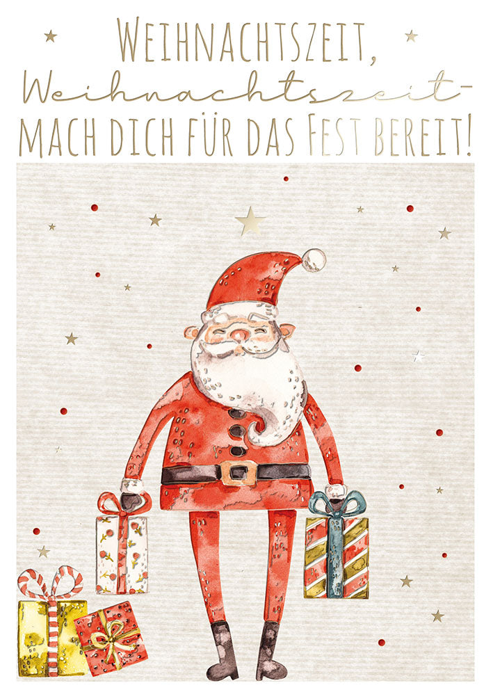 Weihnachtskarte „Weihnachtsmann mit Geschenken“