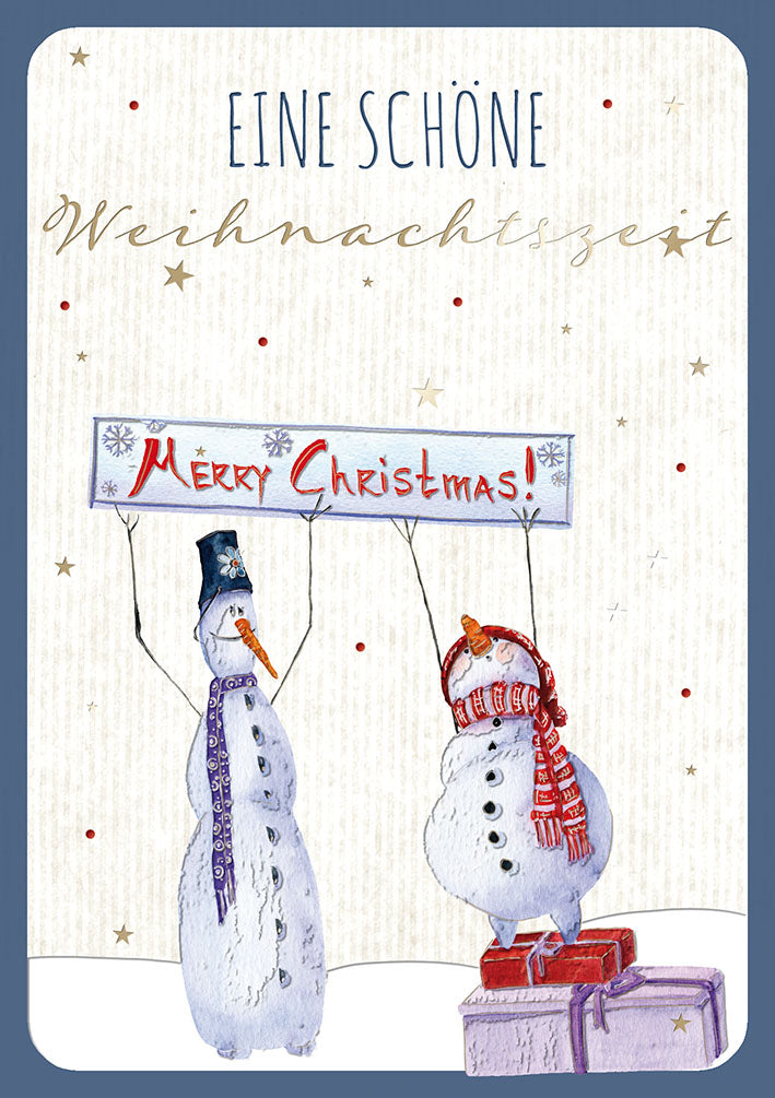 Weihnachtskarte „Schneemänner mit Schild“