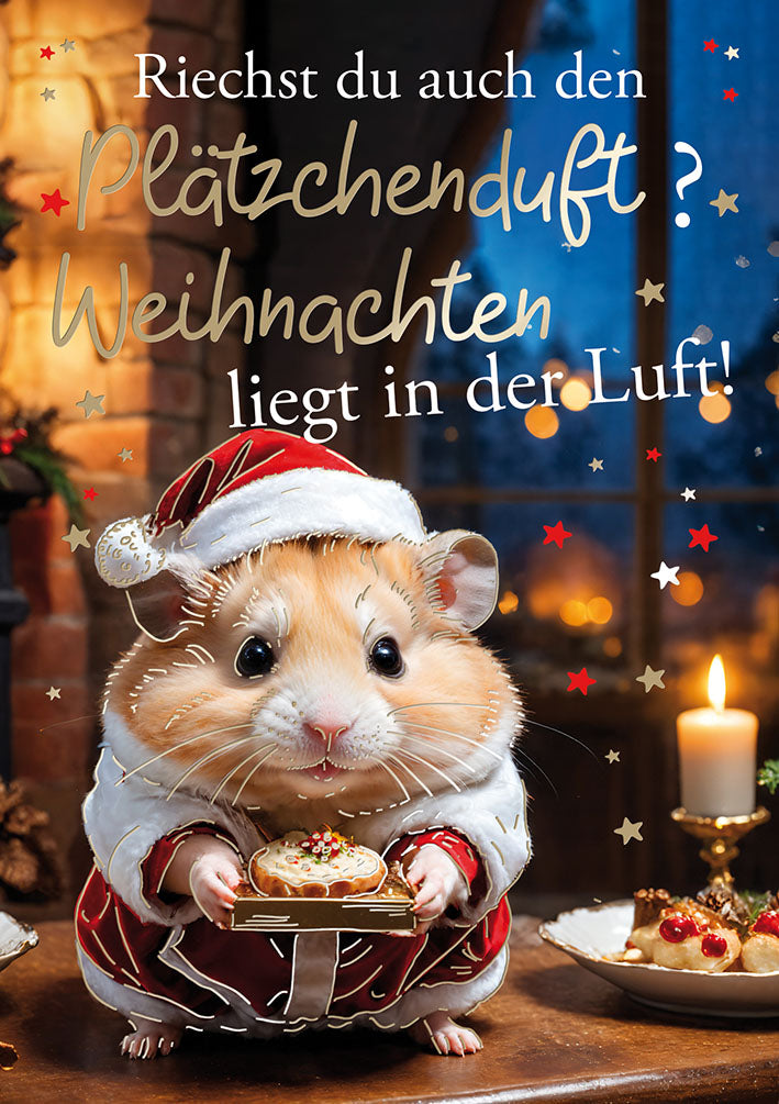 Weihnachtskarte „Hamster mit Plätzchen“