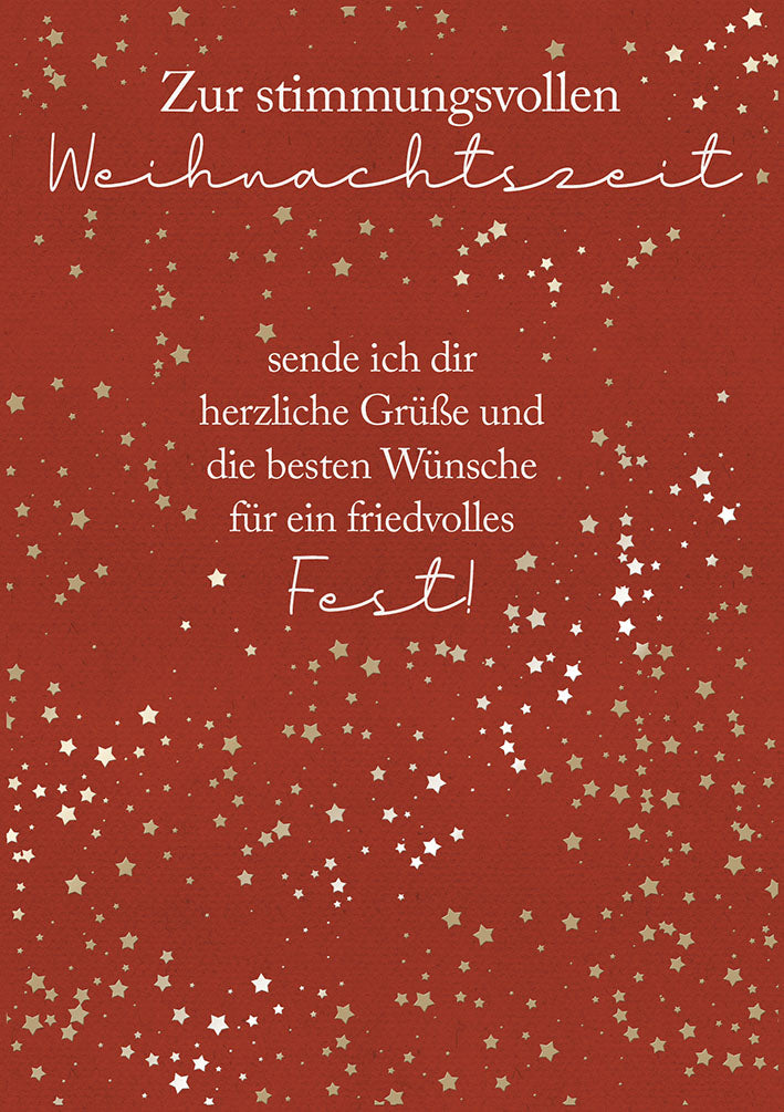 Weihnachtskarte „Goldene Sterne auf Rot“