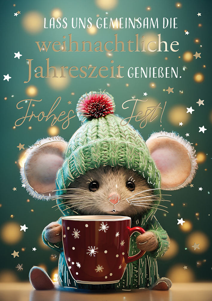 Weihnachtskarte „Maus mit Tasse“