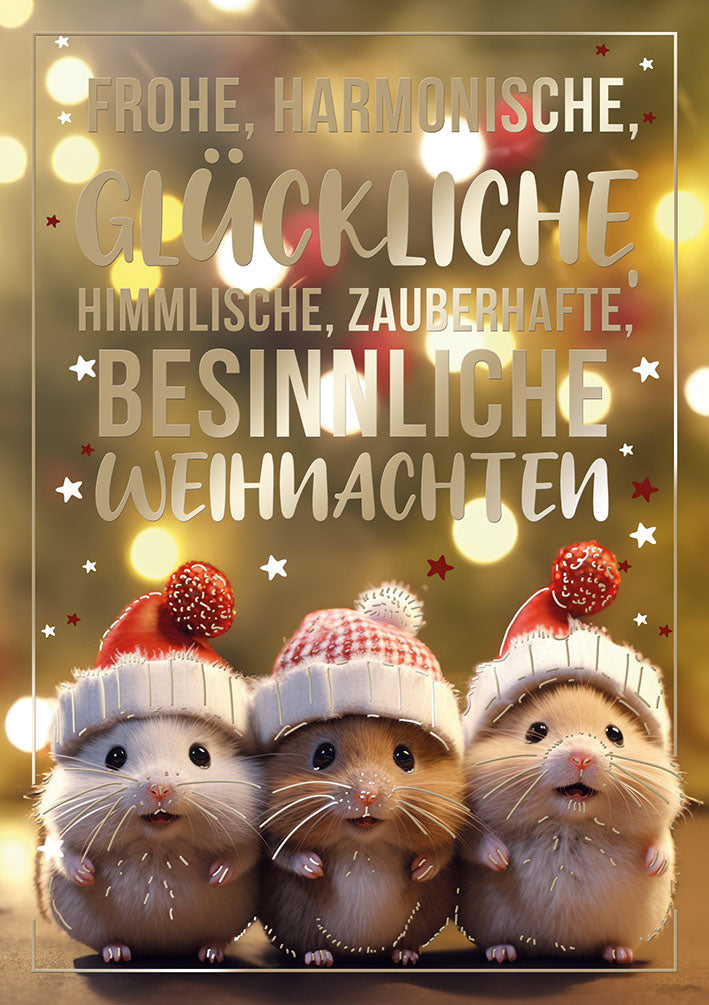 Weihnachtskarte „Drei Mäuse mit Mützen“