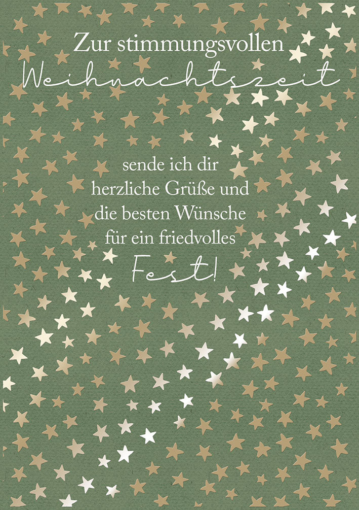 Weihnachtskarte „Goldene Sterne auf Grün“