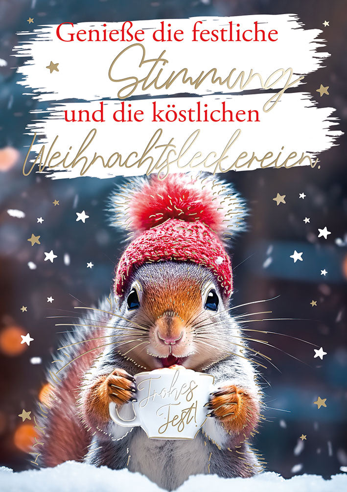 Weihnachtskarte „Eichhörnchen mit Tasse“
