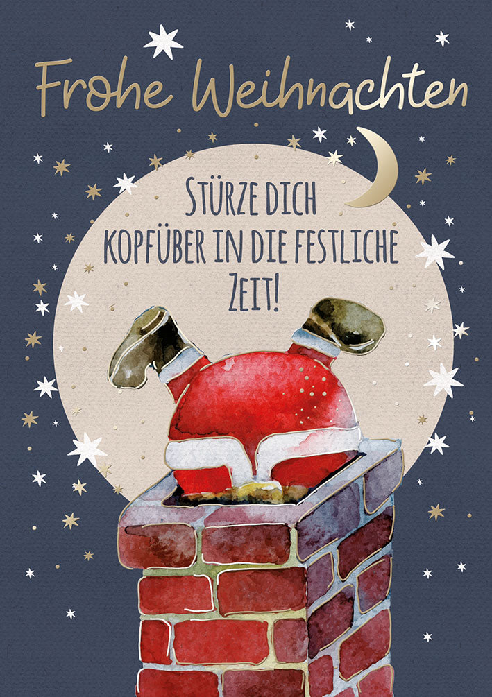 Weihnachtskarte „Weihnachtsmann im Schornstein“