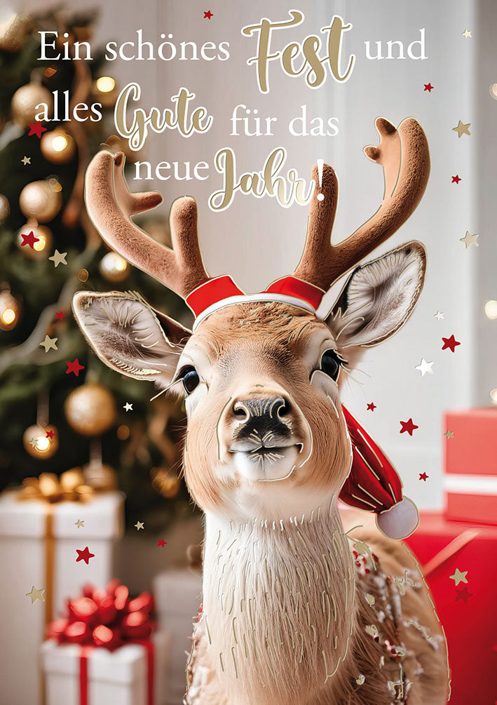 Weihnachtskarte „Rentier mit Mütze“
