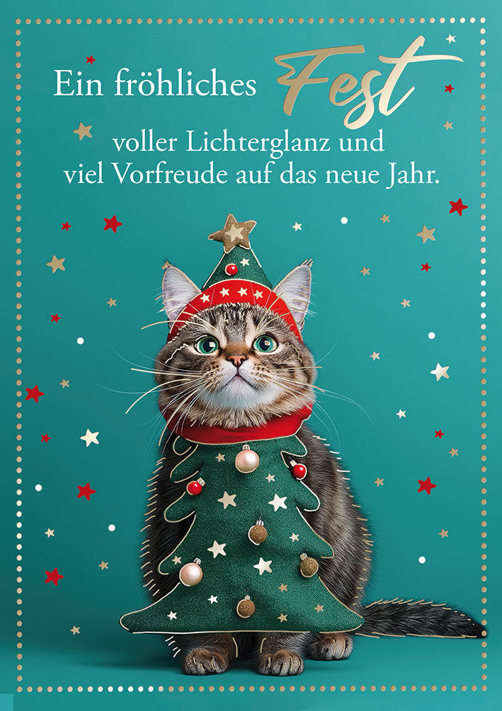 Weihnachtskarte „Katze im Tannenkostüm“