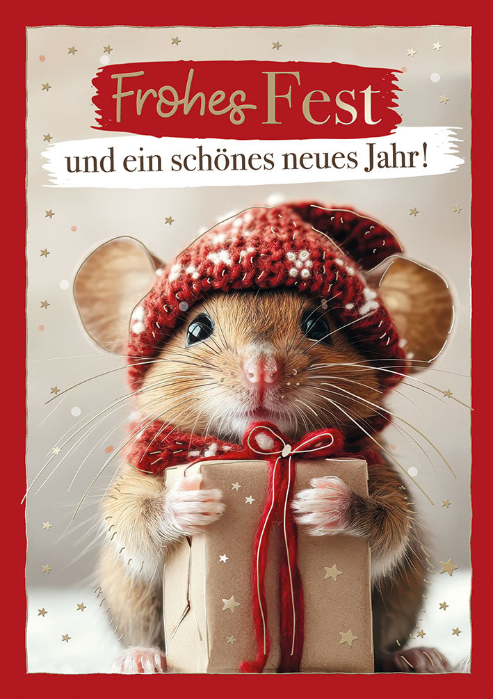 Weihnachtskarte „Maus mit Geschenk“