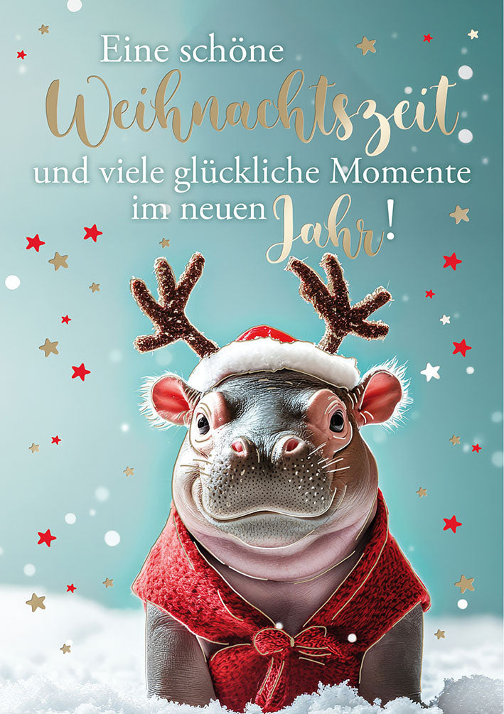 Weihnachtskarte „Nilpferd mit Geweih“