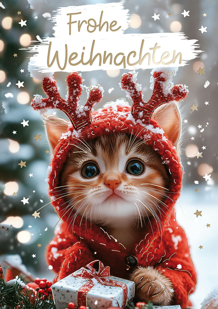 Weihnachtskarte „Kätzchen mit Geweih“