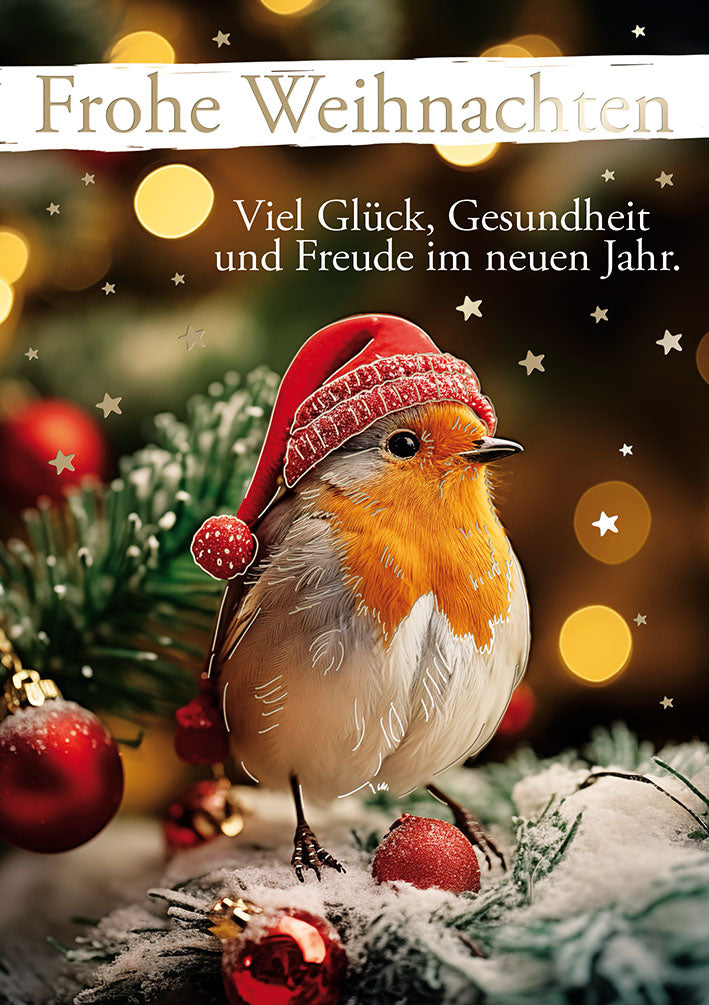 Weihnachtskarte „Rotkehlchen mit Mütze“
