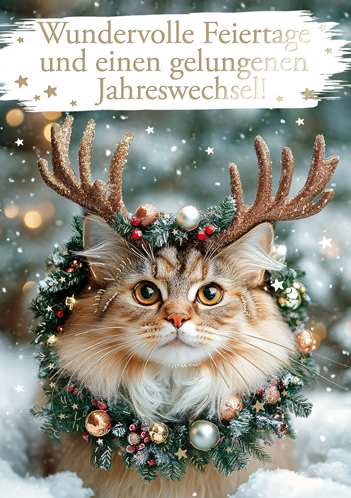 Weihnachtskarte „Katze mit Geweih“