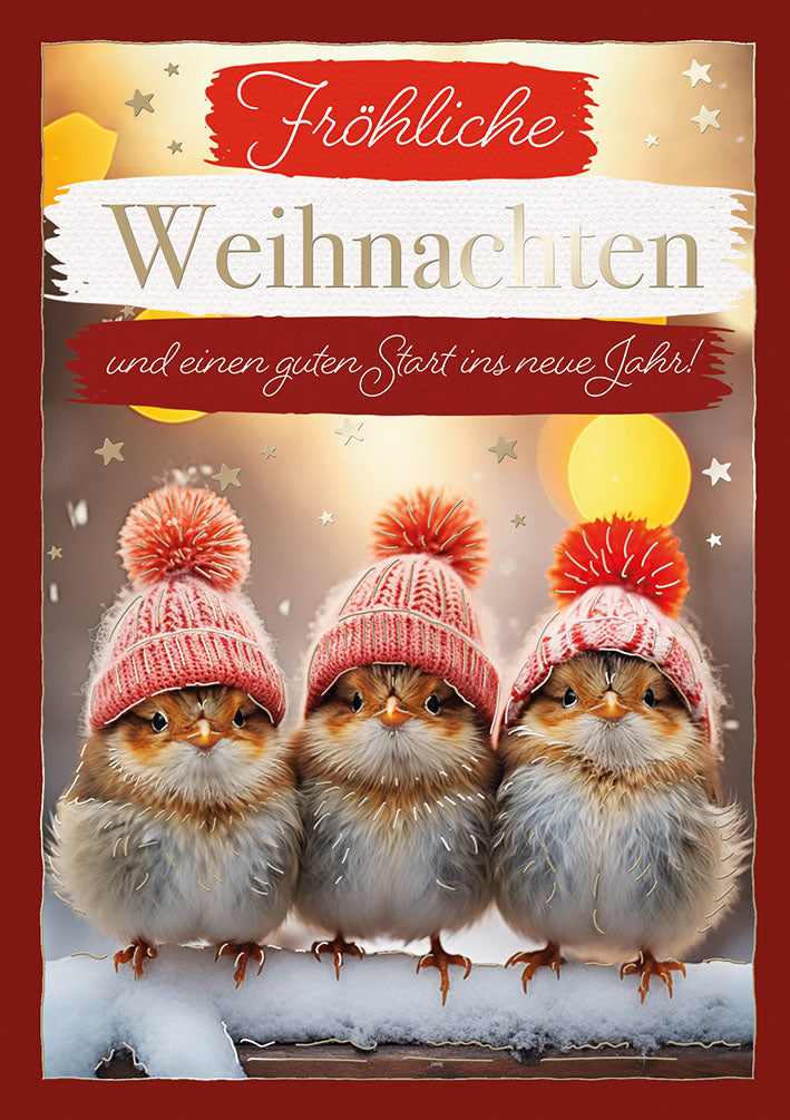 Weihnachtskarte „Drei Vögel mit Mützen“