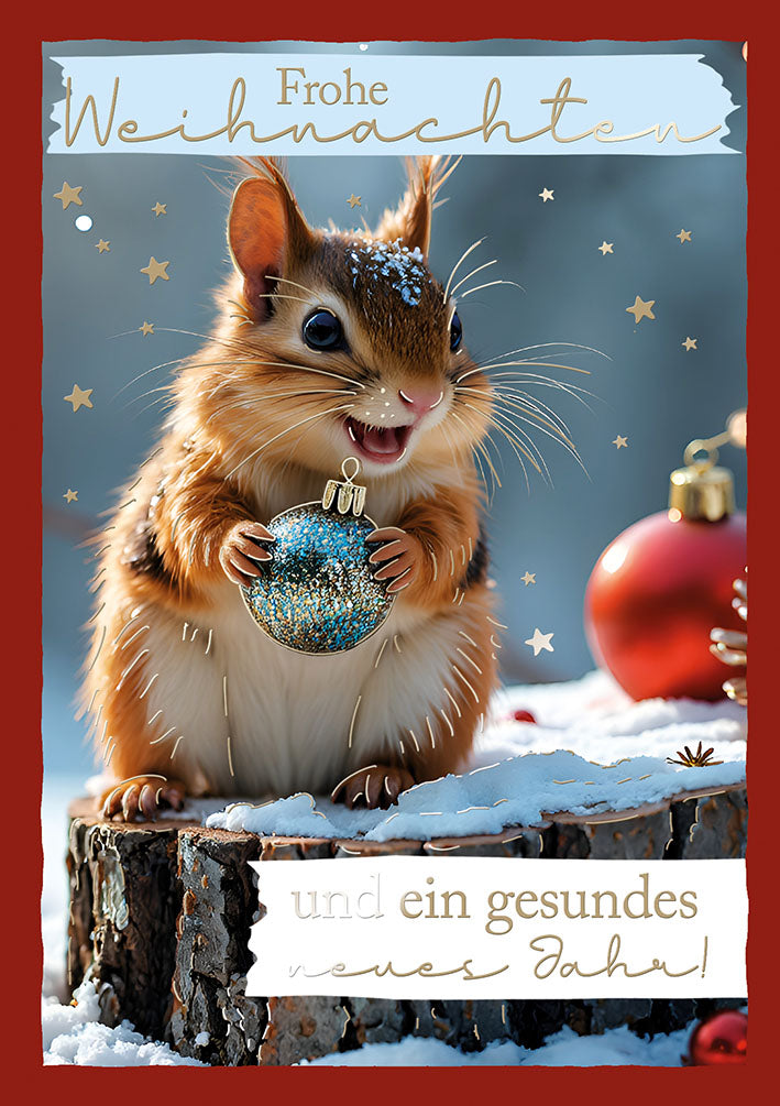 Weihnachtskarte „Eichhörnchen mit Kugel“