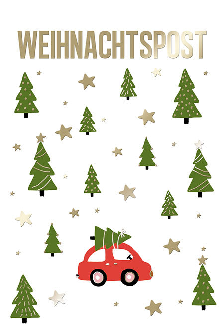Weihnachts-Minikarte „Auto mit Tannenbaum – Weihnachtspost“