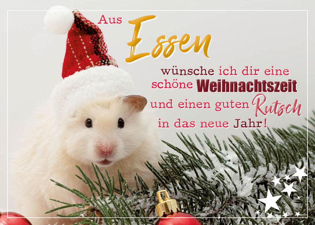 Grüße-aus-Karte Weihnachten „Hamster mit Weihnachtsmütze – Guten Rutsch“