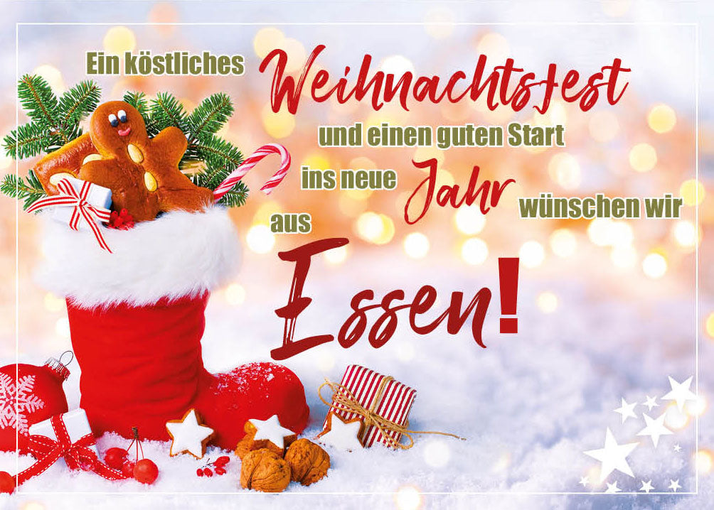 Grüße-aus-Karte Weihnachten „Lebkuchen im Stiefel – Ein köstliches Weihnachtsfest“