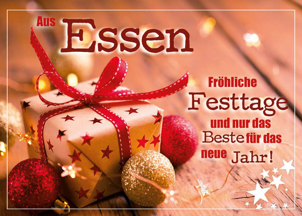 Grüße-aus-Karte Weihnachten „Geschenk mit Schleife – Fröhliche Festtage“