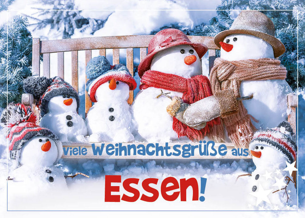 Grüße-aus-Karte Weihnachten „Schneemänner auf der Bank“