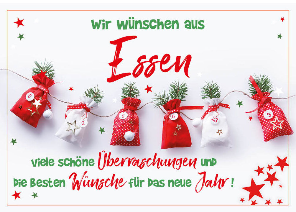 Grüße-aus-Karte Weihnachten „Säckchen an der Leine – Viele schöne Überraschungen“