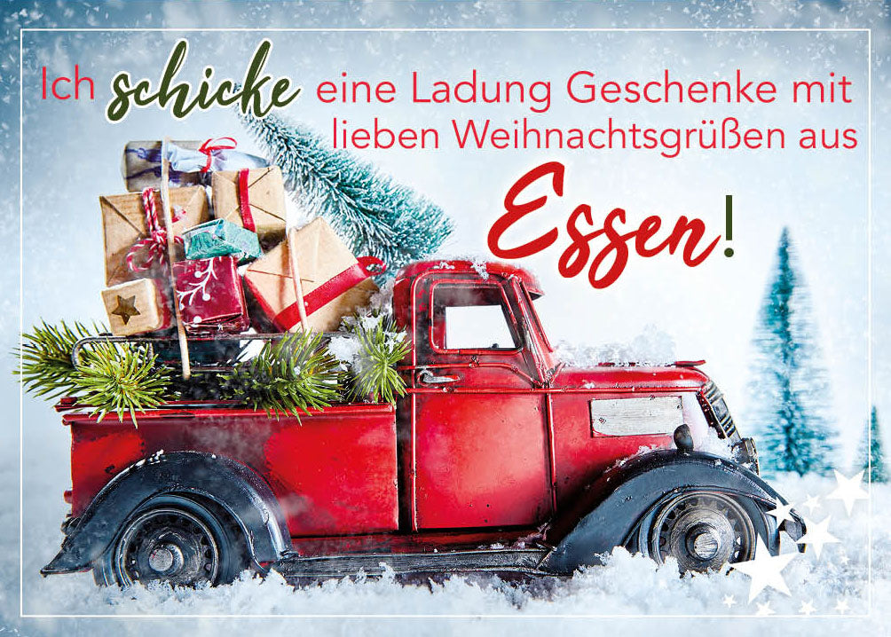 Grüße-aus-Karte Weihnachten „Rotes Auto mit Geschenken“