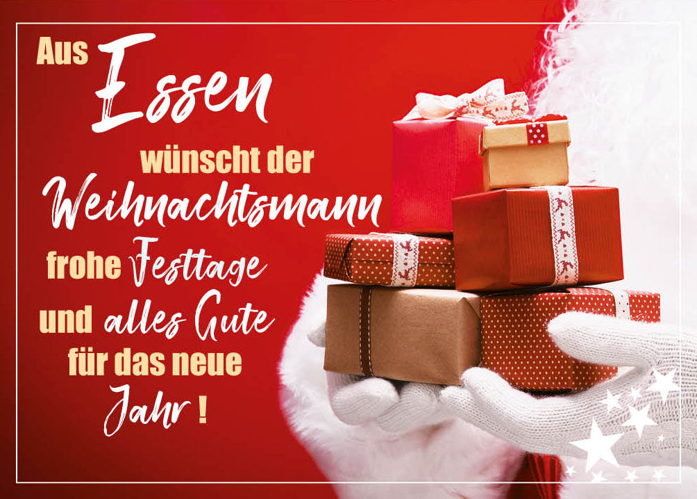 Grüße-aus-Karte Weihnachten „Weihnachtsmann mit Geschenken – Frohe Festtage“