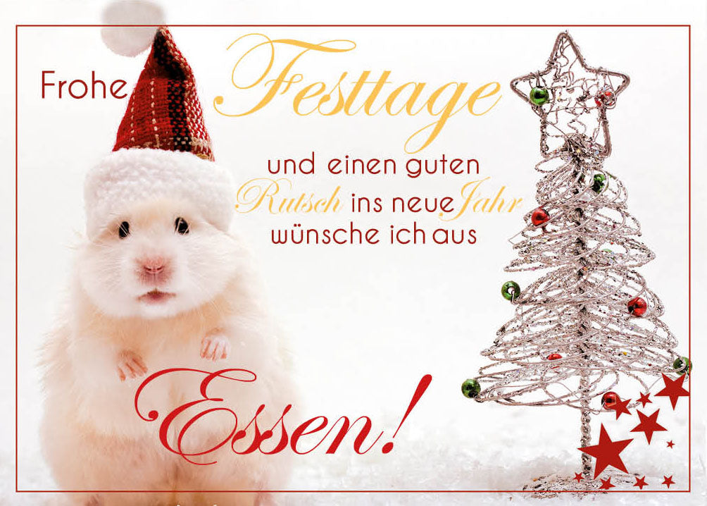 Grüße-aus-Karte Weihnachten „Hamster mit Weihnachtsbaum – Frohe Festtage“