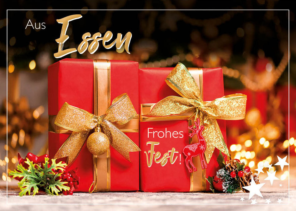 Grüße-aus-Karte Weihnachten „Rote Geschenke – Frohes Fest“