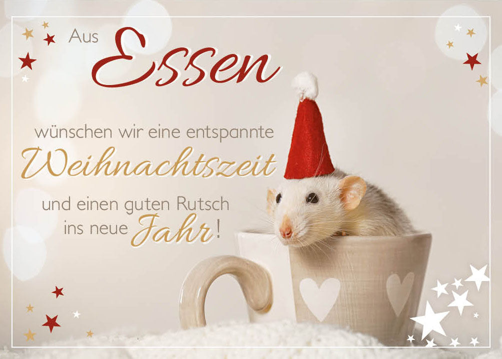 Grüße-aus-Karte Weihnachten „Maus in der Tasse – Entspannte Weihnachtszeit“