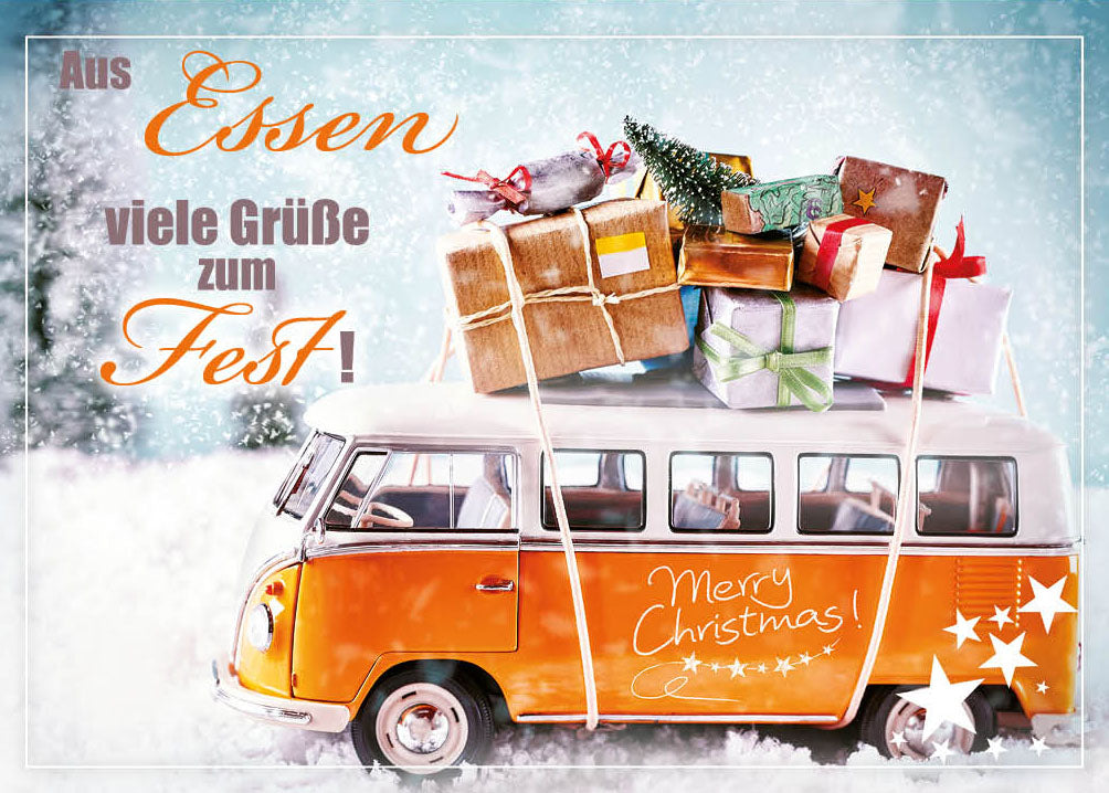 Grüße-aus-Karte Weihnachten „Bulli mit Geschenken – Viele Grüße zum Fest“