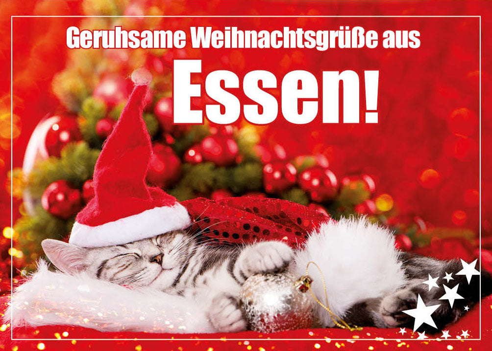 Grüße-aus-Karte Weihnachten „Katze mit Weihnachtsmütze – Geruhsame Weihnachtsgrüße“