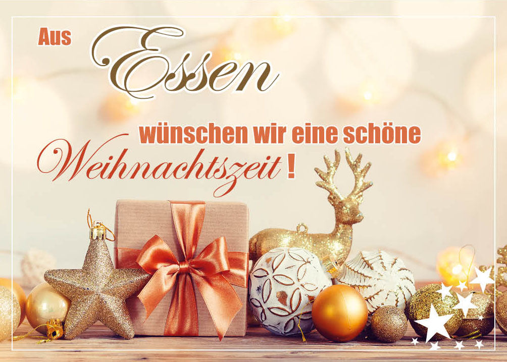 Grüße-aus-Karte Weihnachten „Geschenke und Hirsch – Eine schöne Weihnachtszeit“