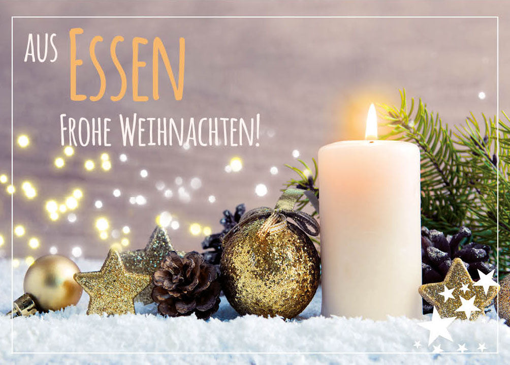 Grüße-aus-Karte Weihnachten „Kerze und Kugeln – Frohe Weihnachten“